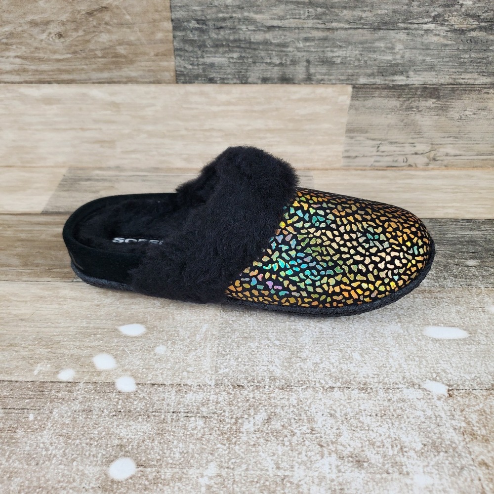 Sorel Nakiska Slide II Kids Shoes Sz 4 Black‎ Sea Salt Faux Fur Lined Slippers